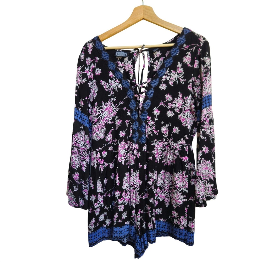 Angie Dark Floral Lace Up Bell‎ Sleeve Boho Romper Size Small Festival Fairy 70s